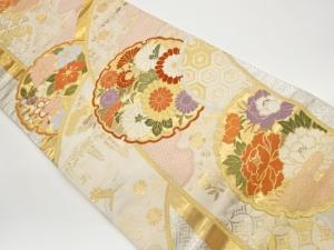 雪輪に花々・鶴・松藤模様織出し袋帯